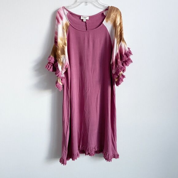Umgee Size S Mauve Pink Tie Dye Frayed Short Sleeve Linen Blend Tunic Dress - Picture 1 of 6